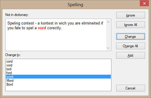 Cuadro de diálogo de tipo Microsoft Word usado para HunSpell, ASpell